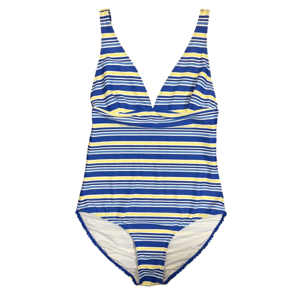 Vineyard Vines Blue Yellow Striped V-Neck One Piece Swimsuit Size M 2M1010 Beach